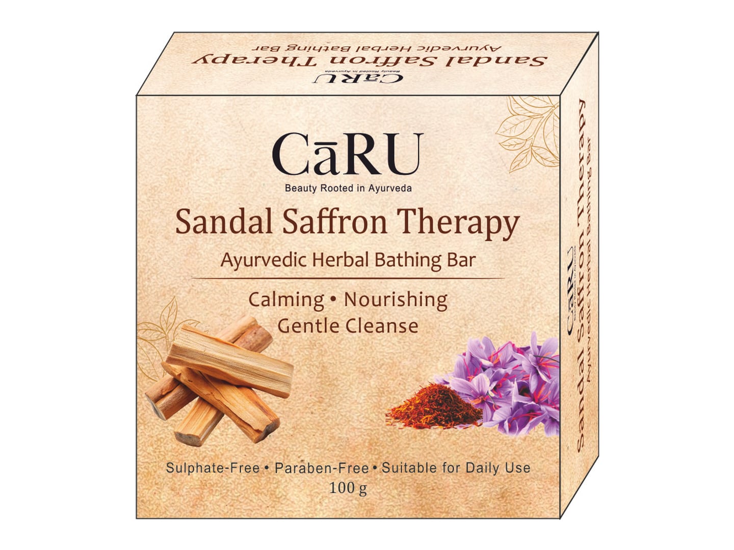CaRU — Sandal Saffron Therapy Ayurvedic soap carton — Carton designed and printed by Daffodil Design & Prints, Bengaluru