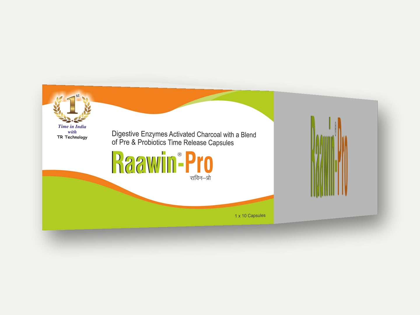 Syswin Pharmaceuticals — Raawin-Pro (Digestive Enzymes, Activated Charcoal + Pre & Probiotics Time Release Capsules) — Carton designed and printed by Daffodil Design & Prints, Bengaluru